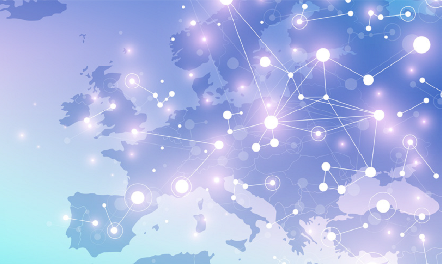 Mapa Europy z jasnymi punktami połączonymi jasnymi kreseczkami