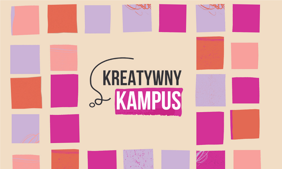 Kolorowe kwadraty różowe pomarańczowe i fioletowe. W środku napis &quot;Kreatywny kampus&quot;.